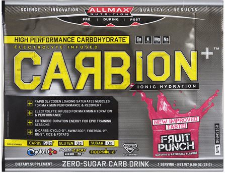 CARBion+, Maximum Strength Electrolyte + Hydration Energy Drink, Fruit Punch, Trial Size, 0.99 oz (28 g) by ALLMAX Nutrition, 運動，鍛煉，電解質飲料補給 HK 香港
