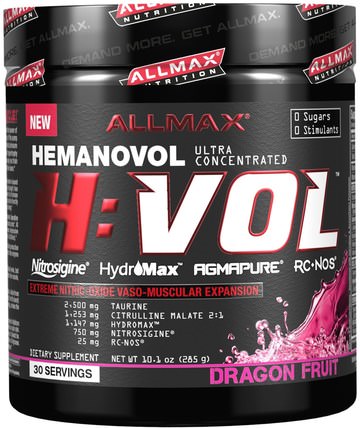 H:VOL, Nitric Oxide Pre-Workout + Vascular Blood Volumizer, Dragon Fruit Punch, 10.1 oz (285 g) by ALLMAX Nutrition, 運動，鍛煉 HK 香港