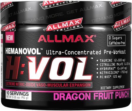 H:VOL, Nitric Oxide Pre-Workout + Vascular Blood Volumizer, Dragon Fruit Punch, 3.35 oz (95 g) by ALLMAX Nutrition, 運動，鍛煉 HK 香港