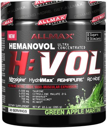 H:VOL, Nitric Oxide Pre-Workout + Vascular Blood Volumizer, Green Apple Martini, 10.1 oz (285 g) by ALLMAX Nutrition, 運動，一氧化氮 HK 香港