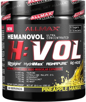 H:VOL, Nitric Oxide Pre-Workout + Vascular Blood Volumizer, Pineapple Mango, 10.1 oz (285 g) by ALLMAX Nutrition, 運動，一氧化氮 HK 香港