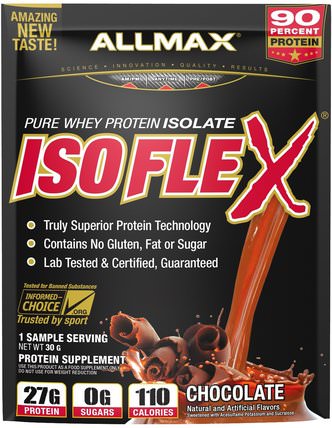 Isoflex, 100% Ultra-Pure Whey Protein Isolate (WPI Ion-Charged Particle Filtration), Chocolate, 1 Sample Serving, 1.06 oz (30 g) by ALLMAX Nutrition, 運動，補品，乳清蛋白 HK 香港