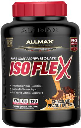 Isoflex, 100% Ultra-Pure Whey Protein Isolate (WPI Ion-Charged Particle Filtration), Chocolate Peanut Butter, 5 lbs (2.27 kg) by ALLMAX Nutrition, 體育 HK 香港