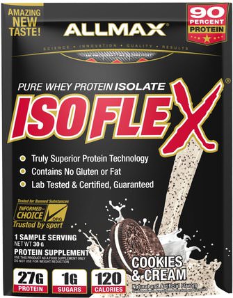 Isoflex, 100% Ultra-Pure Whey Protein Isolate (WPI Ion-Charged Particle Filtration), Cookies & Cream, 1 Sample Serving, 1.06 oz (30 g) by ALLMAX Nutrition, 運動，補品，乳清蛋白 HK 香港