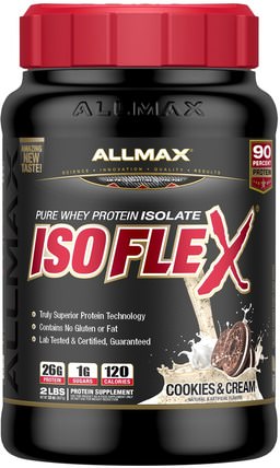 Isoflex, 100% Ultra-Pure Whey Protein Isolate (WPI Ion-Charged Particle Filtration), Cookies & Cream, 2 lbs (907 g) by ALLMAX Nutrition, 體育 HK 香港