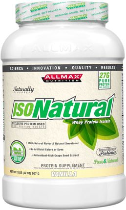 IsoNatural, Whey Protein Isolate, Vanilla, 2 lbs (907 g) by ALLMAX Nutrition, 補充劑，乳清蛋白，運動 HK 香港