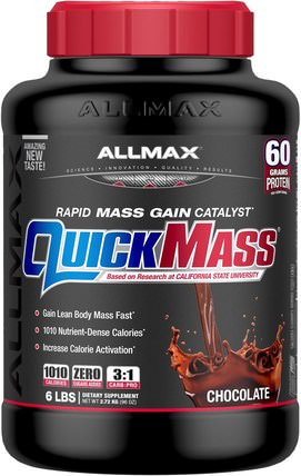 QuickMass, Weight Gainer, Rapid Mass Gain Catalyst, Chocolate, 6 lbs (2.72 kg) by ALLMAX Nutrition, 補充劑，乳清蛋白，運動 HK 香港