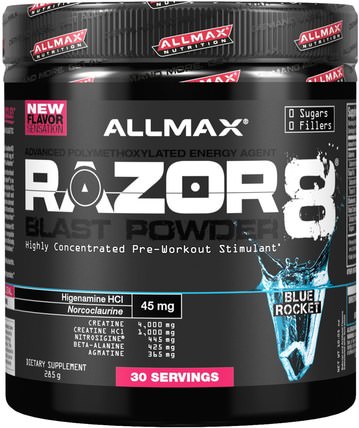 Razor 8, Pre-Workout Energy Drink with Yohimbine, Blue Rocket, 10.05 oz (285 g) by ALLMAX Nutrition, 體育 HK 香港