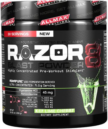 Razor 8, Pre-Workout Energy Drink with Yohimbine, Key Lime Cherry, 10.01 oz (285 g) by ALLMAX Nutrition, 運動，鍛煉 HK 香港