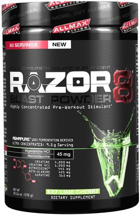 Razor 8, Pre-Workout Energy Drink with Yohimbine, Key Lime Cherry, 20.11 oz (570 g) by ALLMAX Nutrition, 運動，肌酸 HK 香港