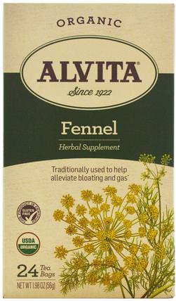 Organic Fennel Tea, Caffeine Free, 24 Tea Bags, 1.98 oz (56 g) by Alvita Teas, 草藥，茴香 HK 香港