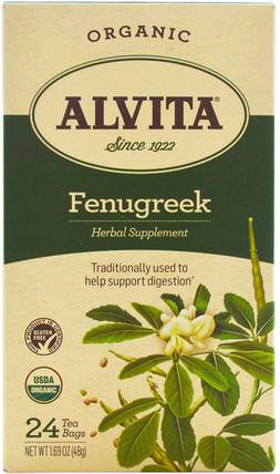 Organic Fenugreek Tea, Caffeine Free, 24 Tea Bags, 1.69 oz (48 g) by Alvita Teas, 健康，血糖支持，胡蘆巴 HK 香港