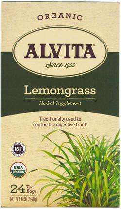 Organic Lemongrass Tea, Caffeine Free, 24 Tea Bags, 1.69 oz (48 g) by Alvita Teas, 沐浴，美容，香薰精油，檸檬草油 HK 香港