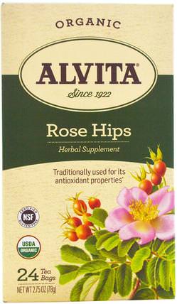 Organic Rose Hips Tea, Caffeine Free, 24 Tea Bags, 2.75 oz (78 g) by Alvita Teas, 維生素，維生素c，玫瑰果 HK 香港