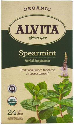 Organic Spearmint Tea, Caffeine Free, 24 Tea Bags, 1.42 oz (40 g) by Alvita Teas, 草藥，留蘭香 HK 香港