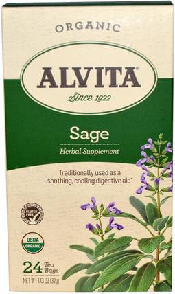 Sage, Organic Caffeine Free, 24 Tea Bags, 1.13 oz (32 g) by Alvita Teas, 草藥，鼠尾草葉茶 HK 香港