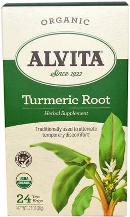 Turmeric Root, Organic Caffeine Free, 24 Tea Bags, 1.27 oz (36 g) by Alvita Teas, 補充劑，抗氧化劑，薑黃素，食品，涼茶 HK 香港