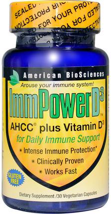ImmPower D3, AHCC Plus Vitamin D3, 30 Veggie Caps by American Biosciences, 維生素，維生素D3，補充劑，藥用蘑菇，ahcc HK 香港