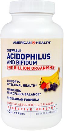 Chewable Acidophilus And Bifidium, Natural Assorted Fruit Flavors, 100 Wafers by American Health, 補充劑，消化酶，嗜酸乳桿菌和消化助劑 HK 香港