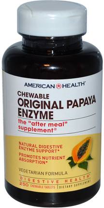 Chewable Original Papaya Enzyme, 250 Chewable Tablets by American Health, 補充劑，酶，木瓜木瓜蛋白酶，消化酶 HK 香港