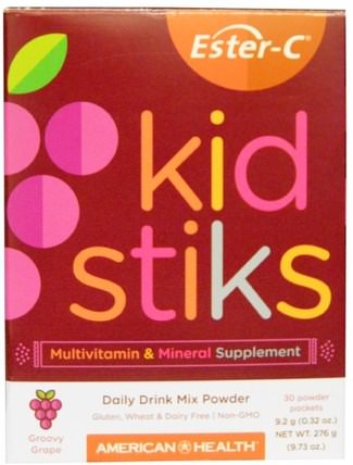 Ester-C Kidstiks, Daily Drink Mix Powder, Groovy Grape Flavor, 30 Powder Packets, 0.32 oz (9.2 g) Each by American Health, 維生素，維生素c，酯c粉 HK 香港