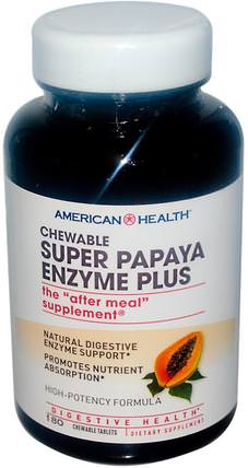 Super Papaya Enzyme Plus, 180 Chewable Tablets by American Health, 補充劑，酶，木瓜木瓜蛋白酶 HK 香港