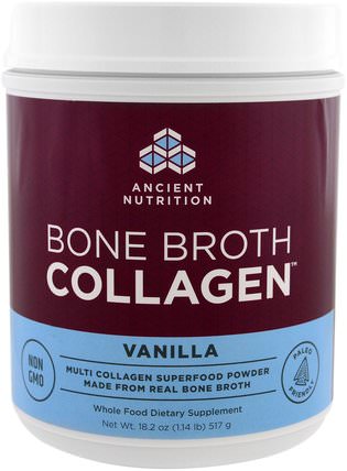Bone Broth Collagen, Vanilla, 18.2 oz (517 g) by Ancient Nutrition, 補充劑，蛋白質，骨骼，骨質疏鬆症，膠原蛋白 HK 香港