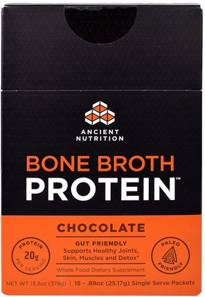 Bone Broth Protein, Chocolate, 15 Single Serve Packets.89 oz (25.17 g) Each by Ancient Nutrition, 健康，骨骼，骨質疏鬆症，關節健康，骨湯，補充劑，蛋白質 HK 香港