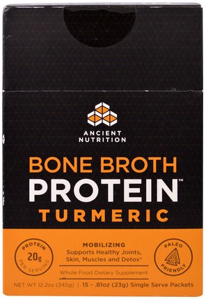 Bone Broth Protein, Turmeric, 15 Single Serve Packets.81 oz (23 g) Each by Ancient Nutrition, 健康，骨骼，骨質疏鬆症，關節健康，骨湯，補品，薑黃素 HK 香港