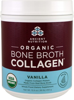 Organic Bone Broth Collagen, Vanilla, 15.9 oz (450 g) by Ancient Nutrition, 健康，骨骼，骨質疏鬆症，關節健康，骨湯，補充劑，蛋白質 HK 香港