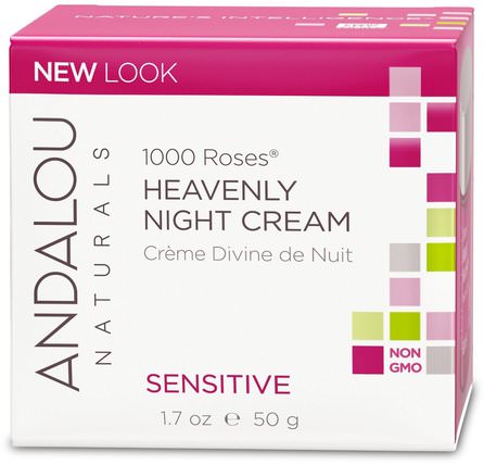 1000 Roses, Heavenly Night Cream, Sensitive, 1.7 fl oz (50 ml) by Andalou Naturals, 健康，皮膚，晚霜，美容，面部護理，皮膚型酒渣鼻，敏感皮膚 HK 香港