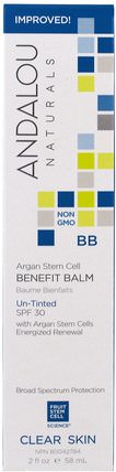 Argan Stem Cell Benefit Balm, Un-Tinted with SPF 30, Clear Skin, 2 fl oz (58 ml) by Andalou Naturals, 美容，面部護理，皮膚類型組合到油性皮膚，維生素c HK 香港