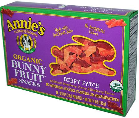 Organic Bunny Fruit Snacks, Berry Patch, 5 Pouches, 0.8 oz (23 g) Each by Annies Homegrown, 食物，小吃，糖果 HK 香港