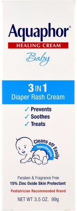Healing Cream, Baby, 3 In 1 Diaper Rash Cream, 3.5 oz (99 g) by Aquaphor, 兒童健康，尿布 HK 香港