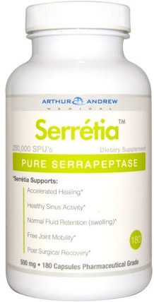 Serretia, Pure Serrapeptase, 500 mg, 180 Capsules by Arthur Andrew Medical, 補充劑，酶，亞瑟andrew醫療serretia，serrapeptase HK 香港