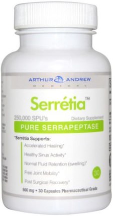 Serretia, Pure Serrapeptase, 500 mg, 30 Capsules by Arthur Andrew Medical, 補充劑，酶，亞瑟andrew醫療serretia，serrapeptase HK 香港