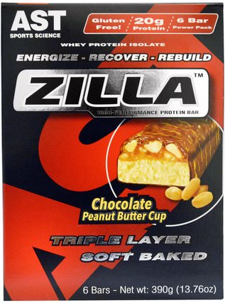 Zilla Protein Bars, Chocolate Peanut Butter Cup, 6 Bars - 13.76 oz (390 g) by AST Sports Science, 運動，蛋白質棒 HK 香港