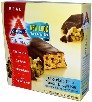 Advantage, Chocolate Chip Cookie Dough Bar, 5 Bars, 2.1 oz (60 g) Each by Atkins, 食物，小吃，健康零食，節食 HK 香港