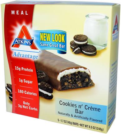 Advantage, Cookies n Creme Bar, 5 Bars, 1.7 oz (48 g) Each by Atkins, 補品，營養棒，飲食 HK 香港