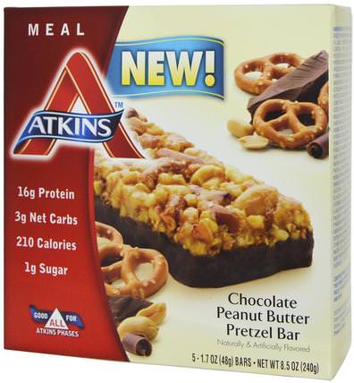 Chocolate Peanut Butter Pretzel Bar, 5 Bars, 1.7 oz (48 g) Each by Atkins, 食物，零食，健康零食，補品，營養棒 HK 香港