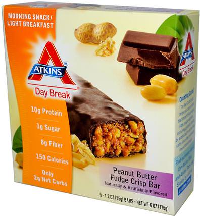 Day Break, Peanut Butter Fudge Crisp, 5 Bars, 1.2 oz (35 g) Each by Atkins, 補充劑，營養棒，阿特金斯休息日 HK 香港
