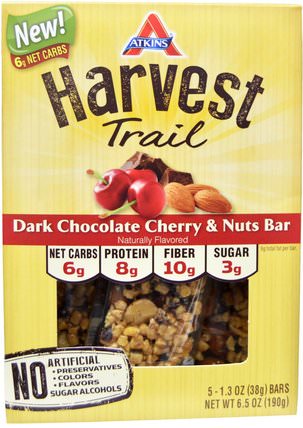 Harvest Trail, Dark Chocolate Cherry & Nuts Bar, 5 Bars, 1.3 oz (38 g) Each by Atkins, 食物，零食，健康零食 HK 香港
