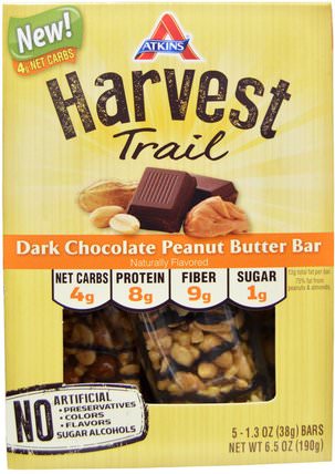 Harvest Trail, Dark Chocolate Peanut Butter Bars, 5 Bars, 1.3 oz (38 g) Each by Atkins, 食物，零食，健康零食 HK 香港