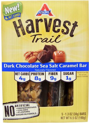 Harvest Trail, Dark Chocolate Sea Salt Caramel Bar, 5 Bars, 1.3 oz (38 g) Each by Atkins, 食物，零食，健康零食 HK 香港