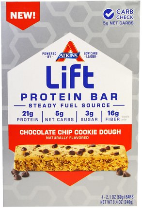 Lift Protein Bar Chocolate Chip Cookie Dough, 4 Bars, 2.1 oz (60 g) Each by Atkins, 運動，蛋白質棒 HK 香港