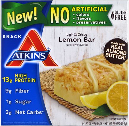 Light & Crispy Lemon Bar, 5 Bars, 1.41 oz (40 g) Each by Atkins, 補充劑，營養棒 HK 香港