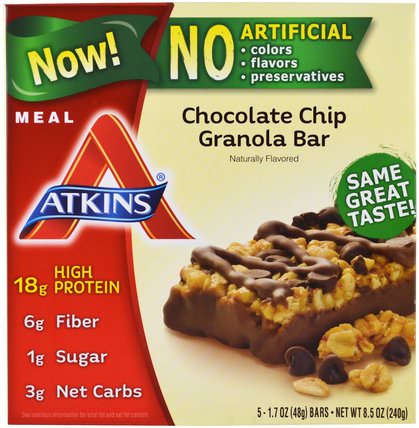 Meal, Chocolate Chip Granola Bar, 5 Bars, 1.7 oz (48 g) Each by Atkins, 食物，小吃，燕麥棒，健康零食 HK 香港