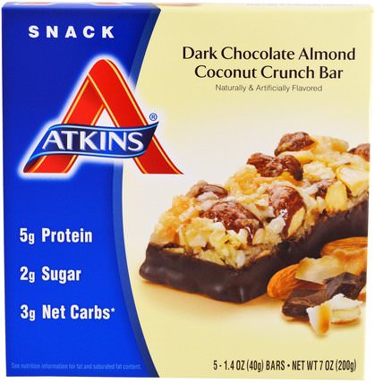 Snack, Dark Chocolate Almond Coconut Crunch Bar, 5 Bars, 1.4 oz (40 g) Each by Atkins, 食物，小吃，健康零食，節食 HK 香港