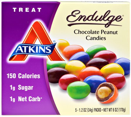 Treat Endulge, Chocolate Peanut Candies, 5 Packs, 1.2 oz (34 g) Each by Atkins, 食品，小吃，糖果，阿特金斯 HK 香港