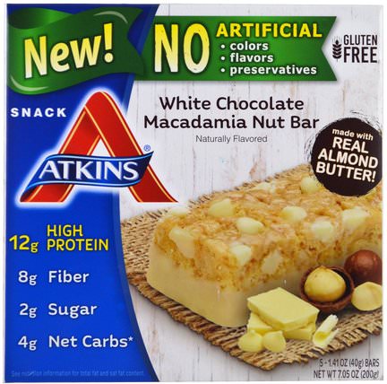 White Chocolate Macadamia Nut Bar, 5 Bars, 1.41 oz (40 g) Each by Atkins, 補充劑，營養棒 HK 香港